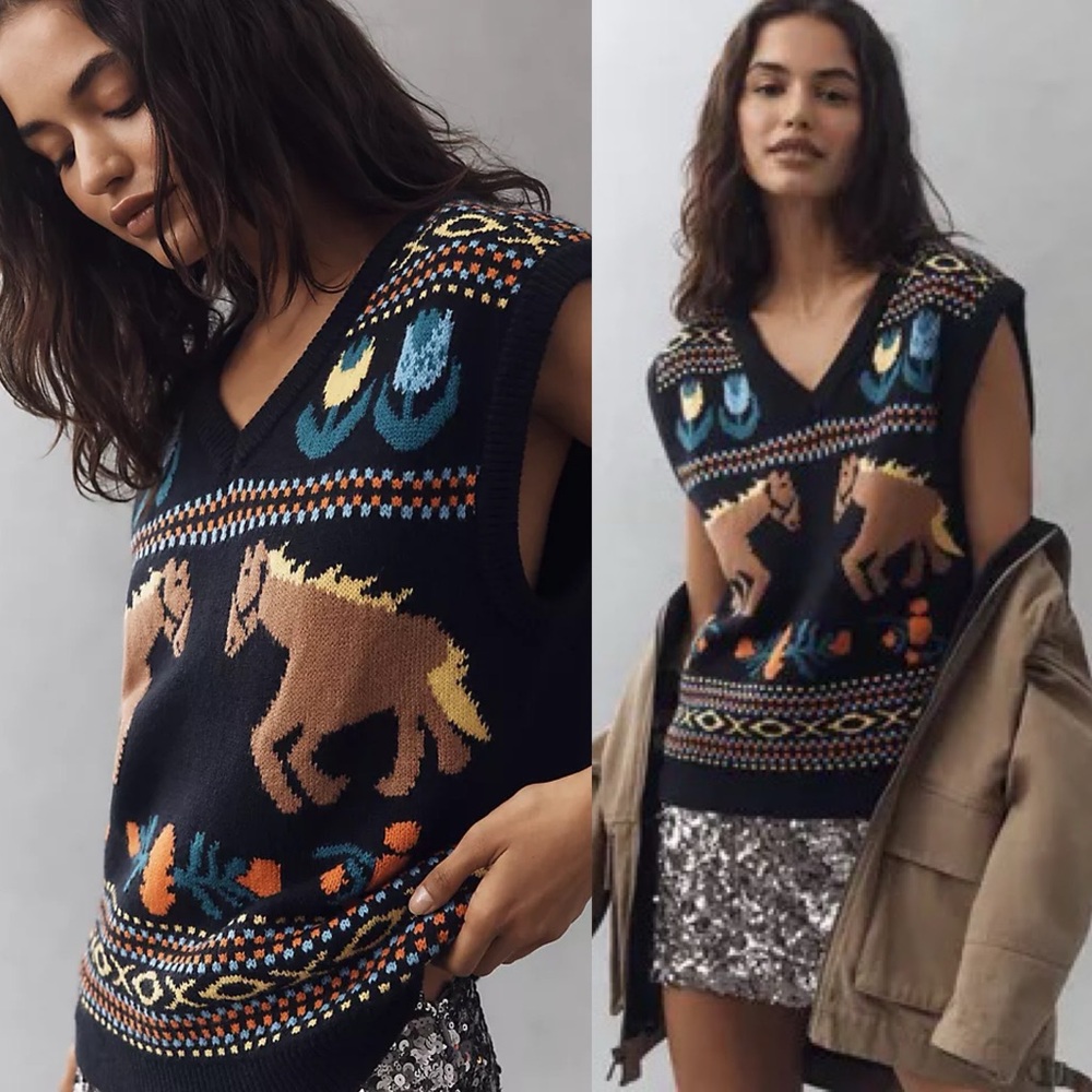 Free People Navy Horse Isles Knit Sweater Vest Medium Equestrian Cottage EUC - Picture 12 of 13